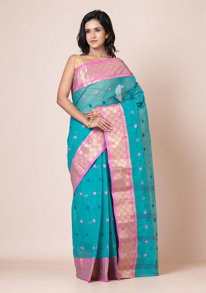 Sea Green Zari Work Cotton Saree (Without Blouse)