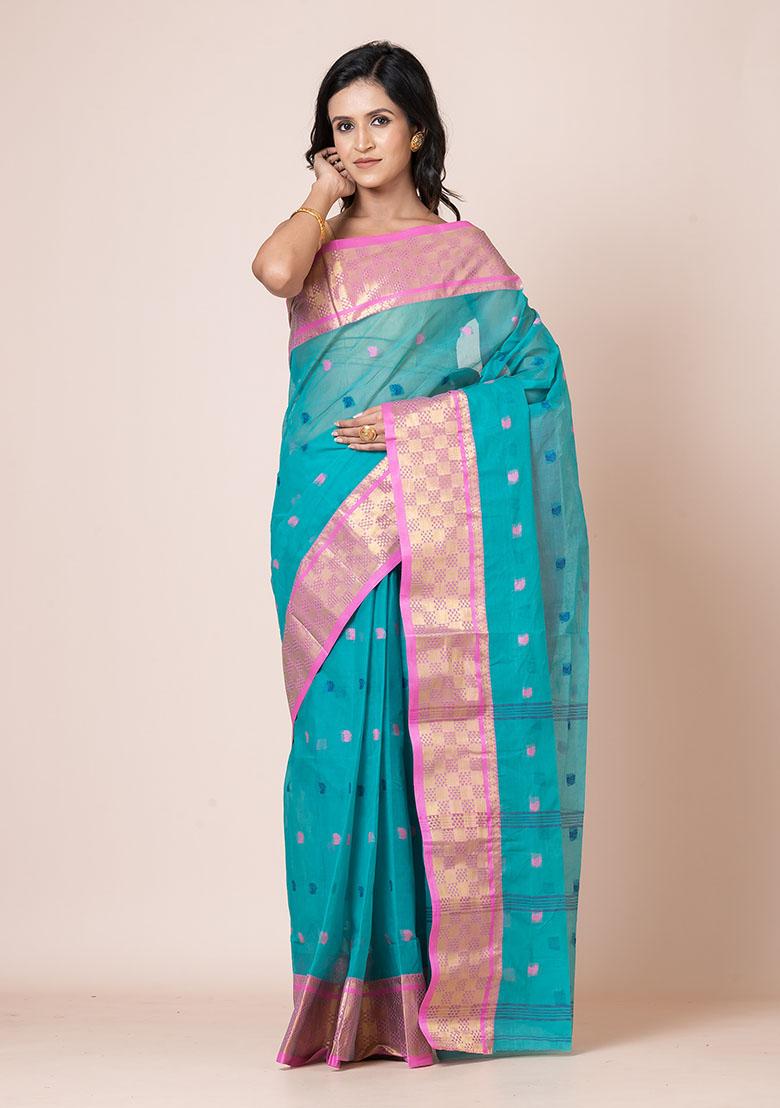 Sea Green Zari Work Cotton Saree (Without Blouse)