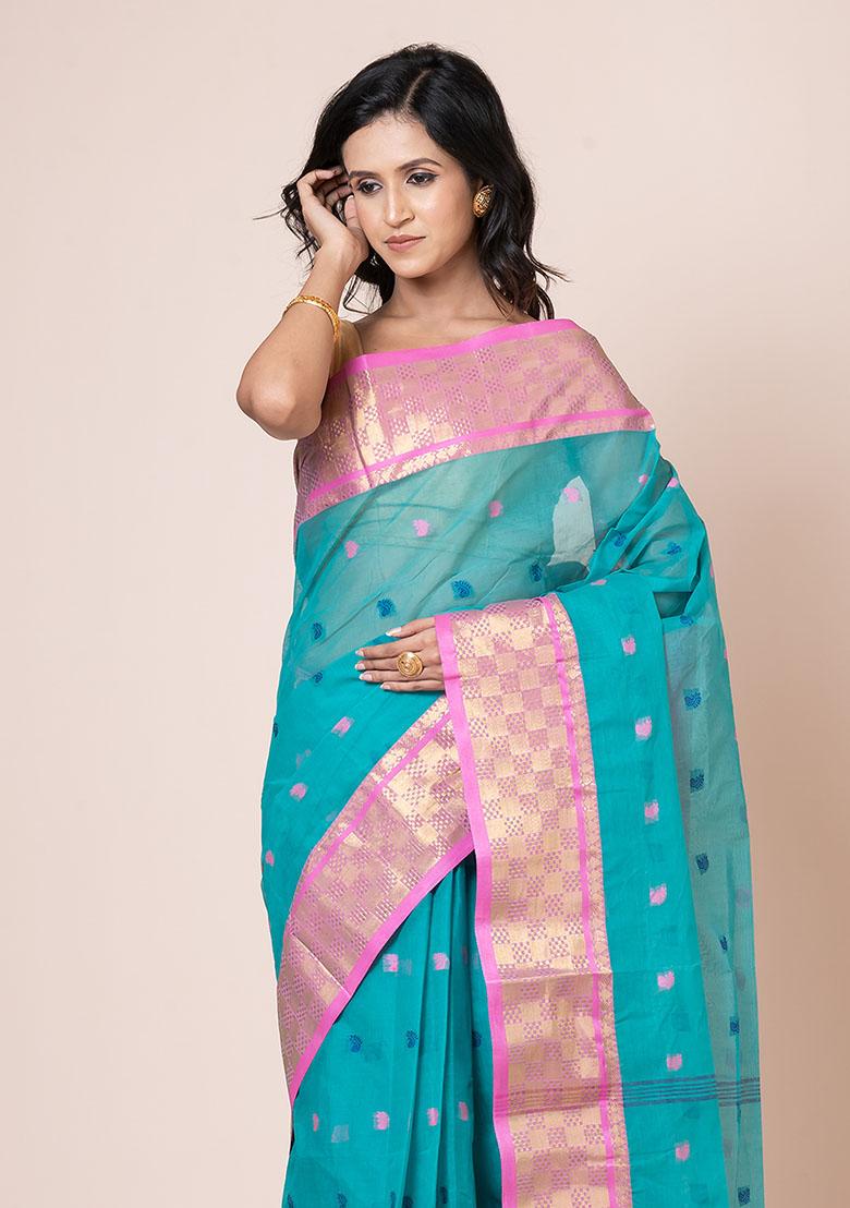 Sea Green Zari Work Cotton Saree (Without Blouse)