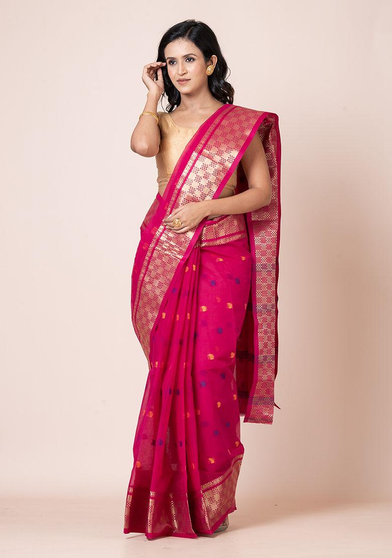 Pink Zari Work Cotton Saree (Without Blouse)
