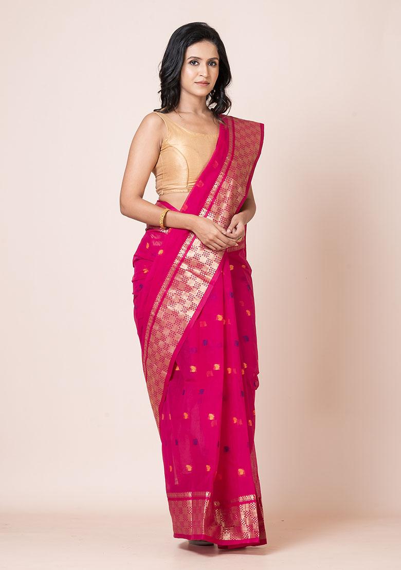 Magenta Pink Zari Work Cotton Saree (Without Blouse)
