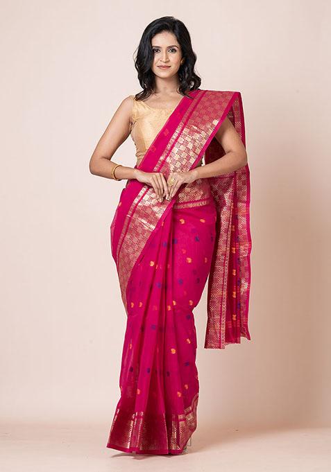 Magenta Pink Zari Work Cotton Saree (Without Blouse)