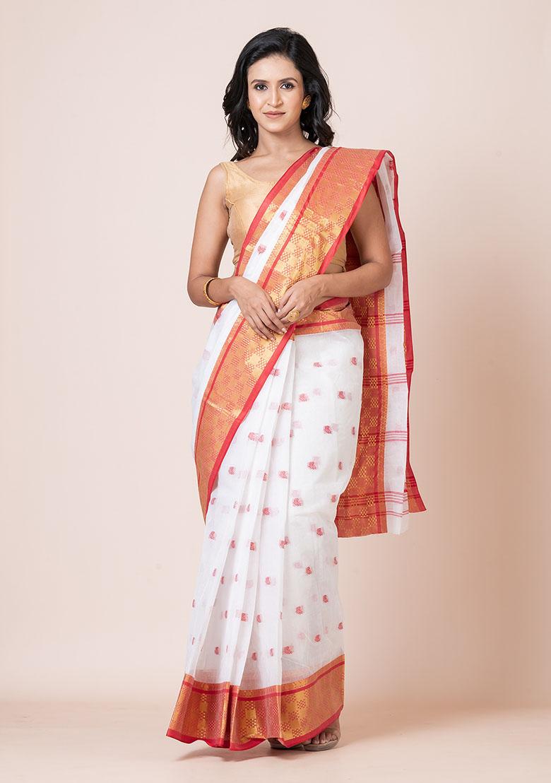 White Zari Work Cotton Saree (Without Blouse)