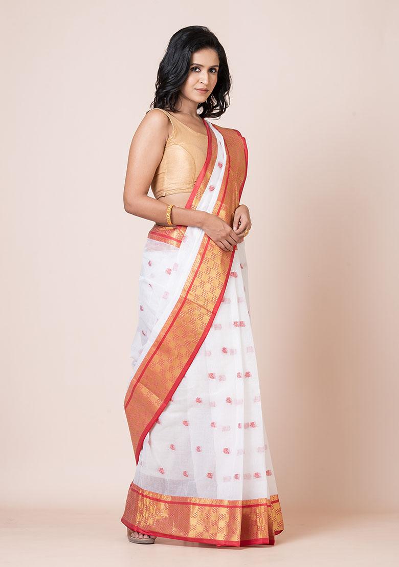 White Zari Work Cotton Saree (Without Blouse)