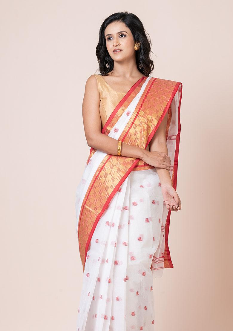 White Zari Work Cotton Saree (Without Blouse)