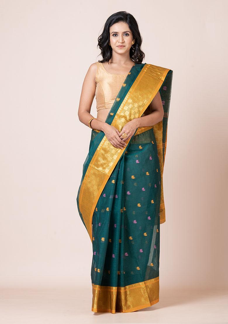 Green Zari Work Cotton Saree (Without Blouse)