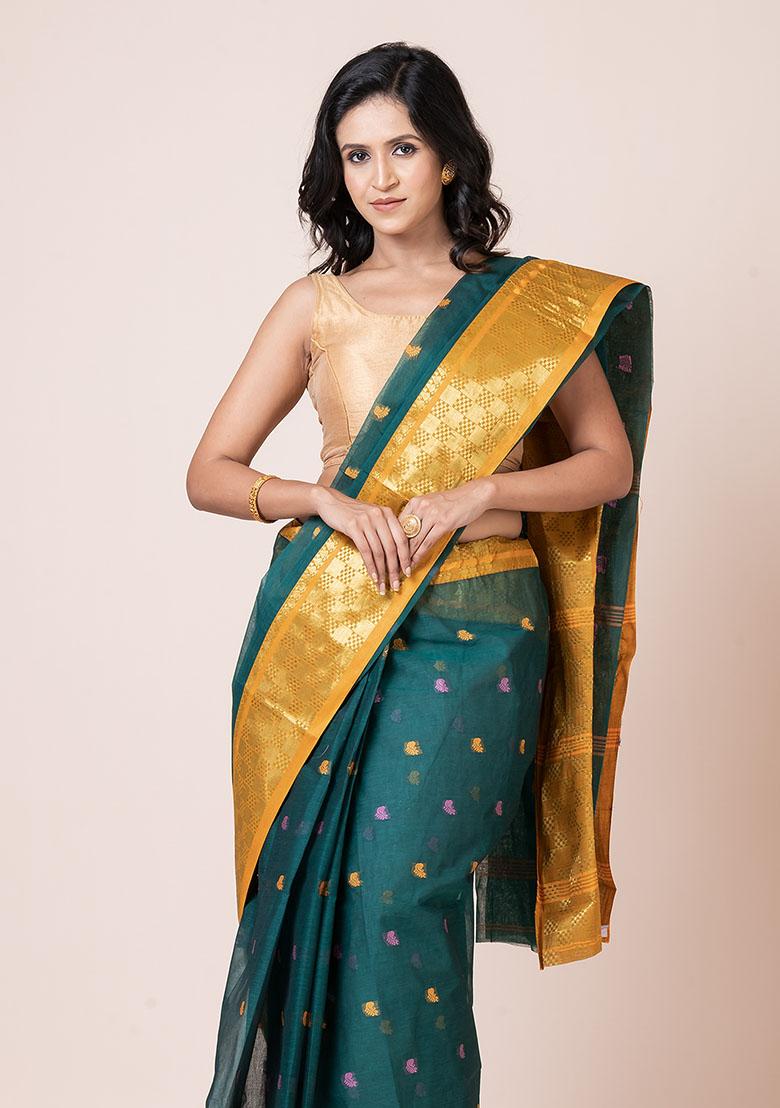 Green Zari Work Cotton Saree (Without Blouse)