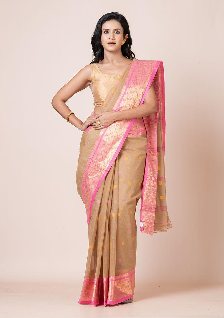 Beige Zari Work Cotton Saree (Without Blouse)