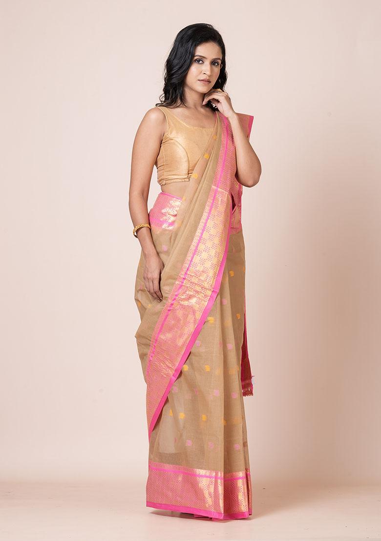 Beige Zari Work Cotton Saree (Without Blouse)