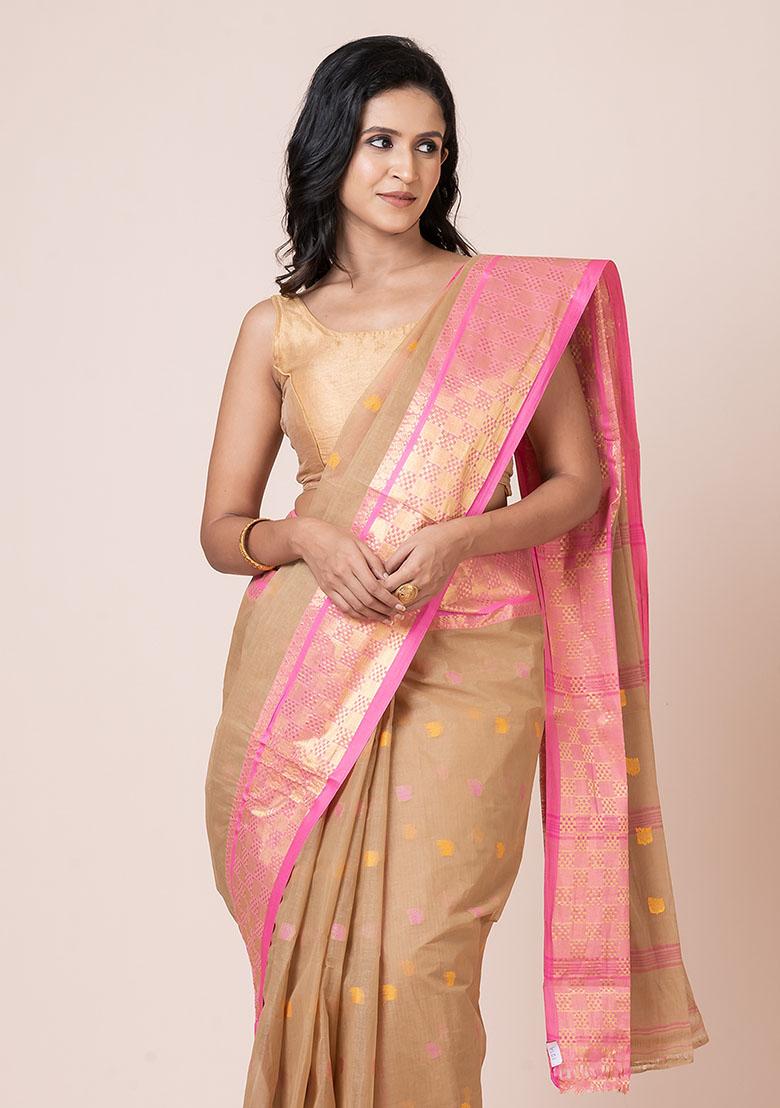Beige Zari Work Cotton Saree (Without Blouse)