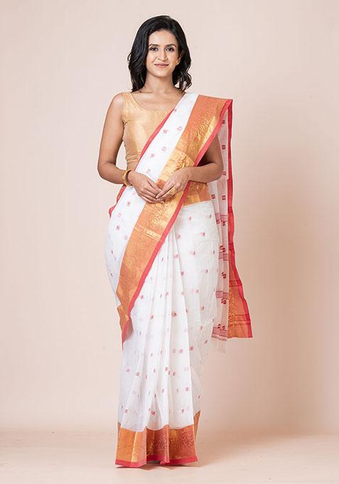 White Buti Work Cotton Saree (Without Blouse)