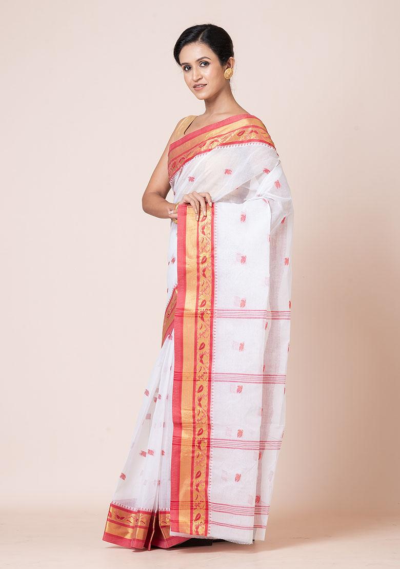 White Buti Work Cotton Saree (Without Blouse)