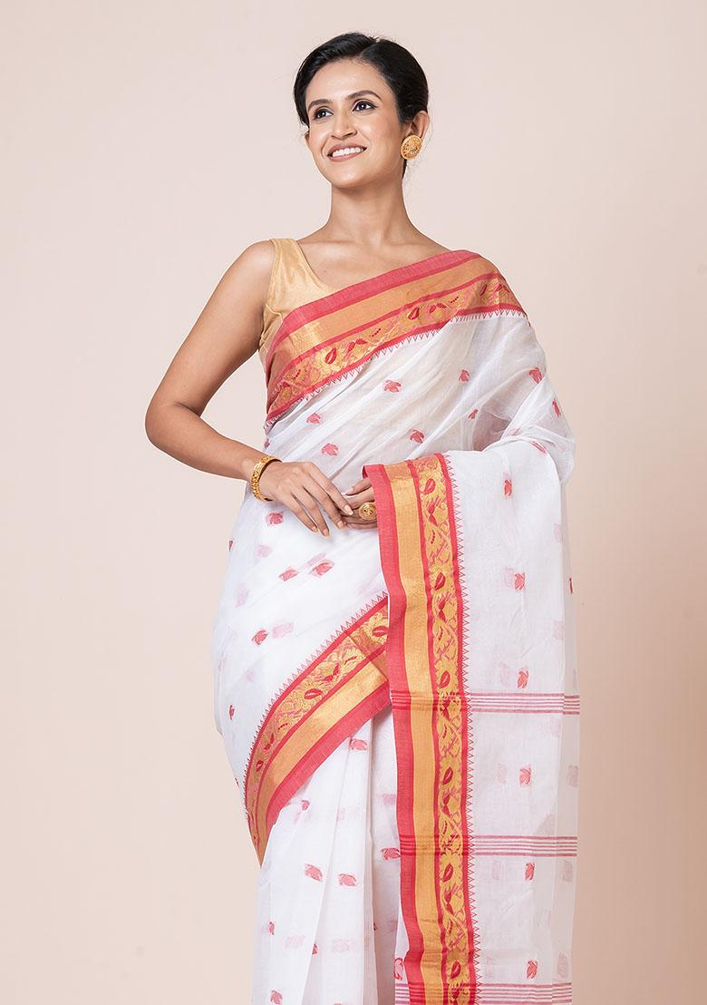 White Buti Work Cotton Saree (Without Blouse)