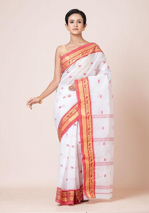 White Buti Work Cotton Saree (Without Blouse)