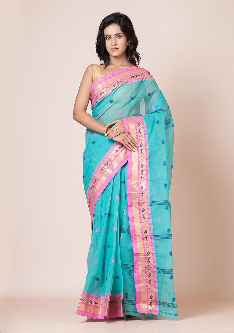Sea Green Buti Work Cotton Saree (Without Blouse)