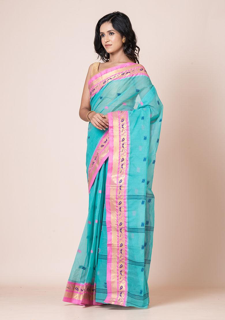 Sea Green Buti Work Cotton Saree (Without Blouse)