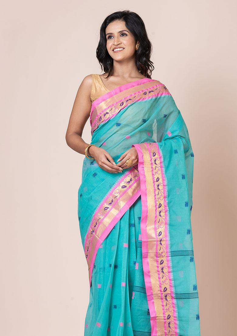 Sea Green Buti Work Cotton Saree (Without Blouse)
