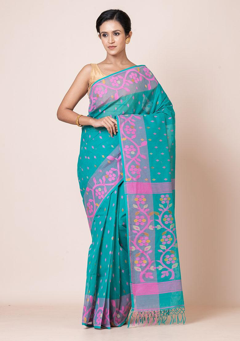 Sea Green Jamdani Cotton Saree (Without Blouse)