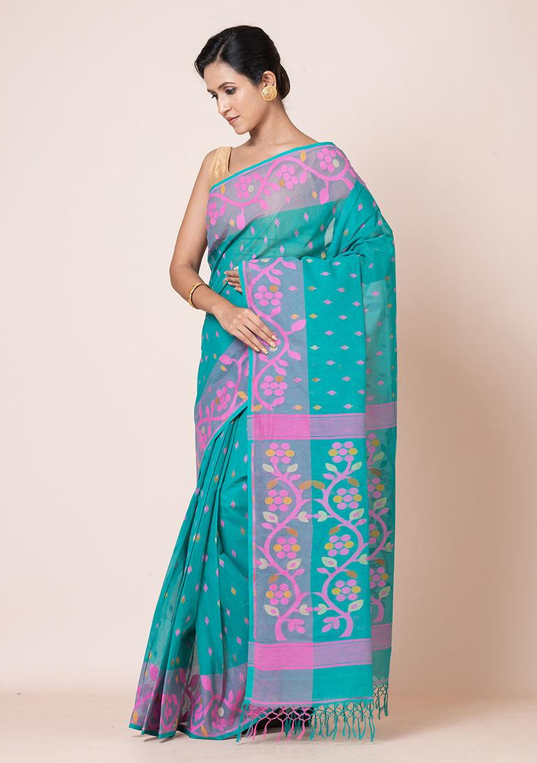 Sea Green Jamdani Cotton Saree (Without Blouse)