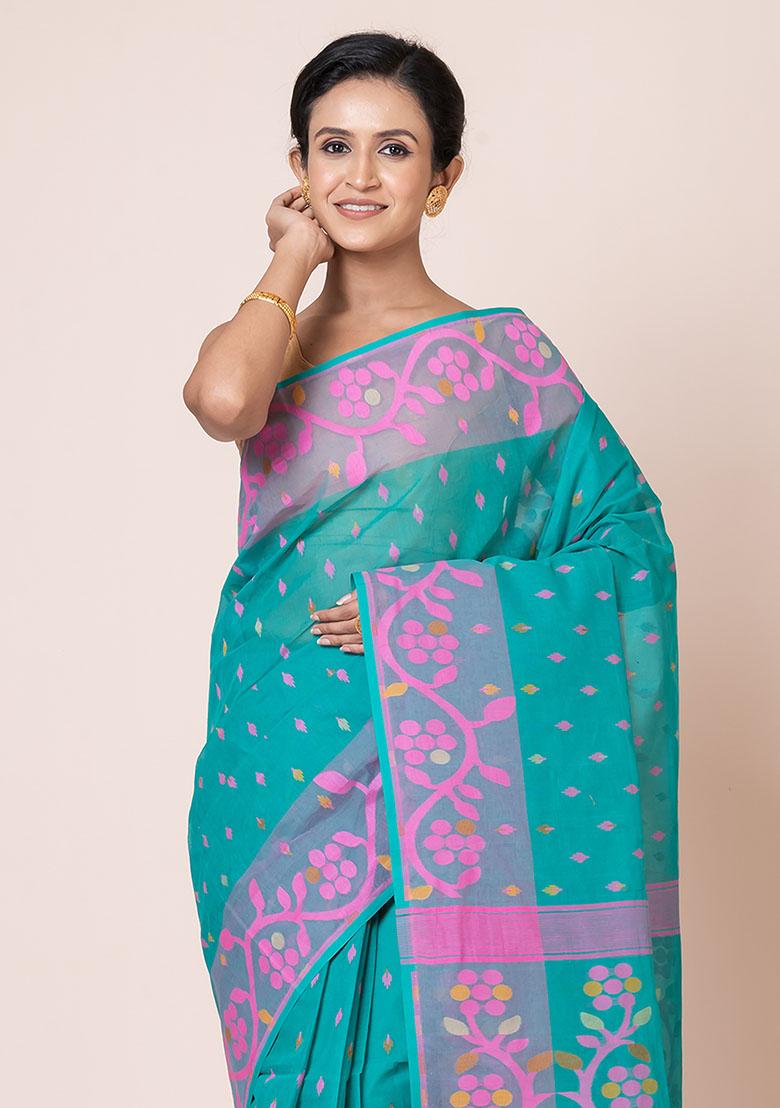 Sea Green Jamdani Cotton Saree (Without Blouse)