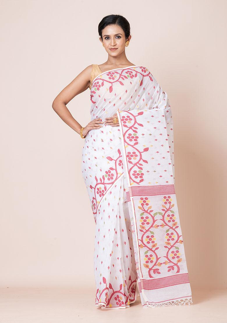 White Jamdani Cotton Saree (Without Blouse)