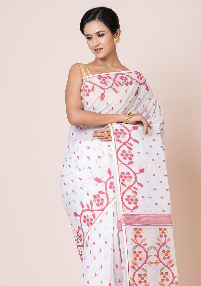 White Jamdani Cotton Saree (Without Blouse)