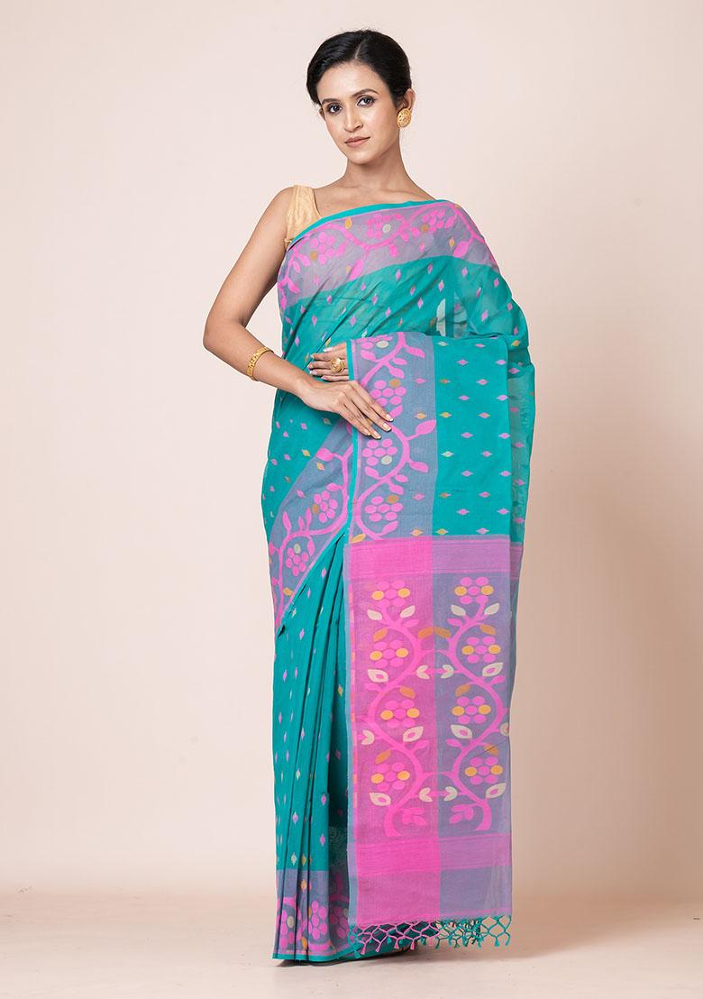 Sea Green Jamdani Cotton Saree (Without Blouse)
