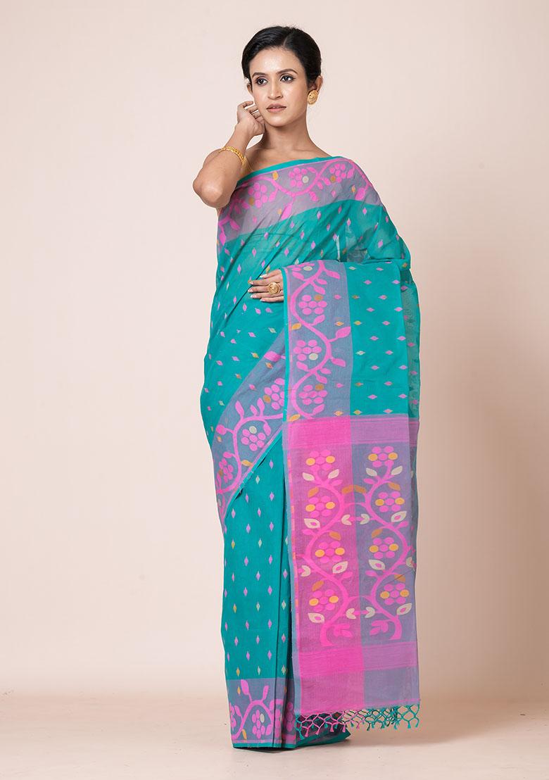 Sea Green Jamdani Cotton Saree (Without Blouse)