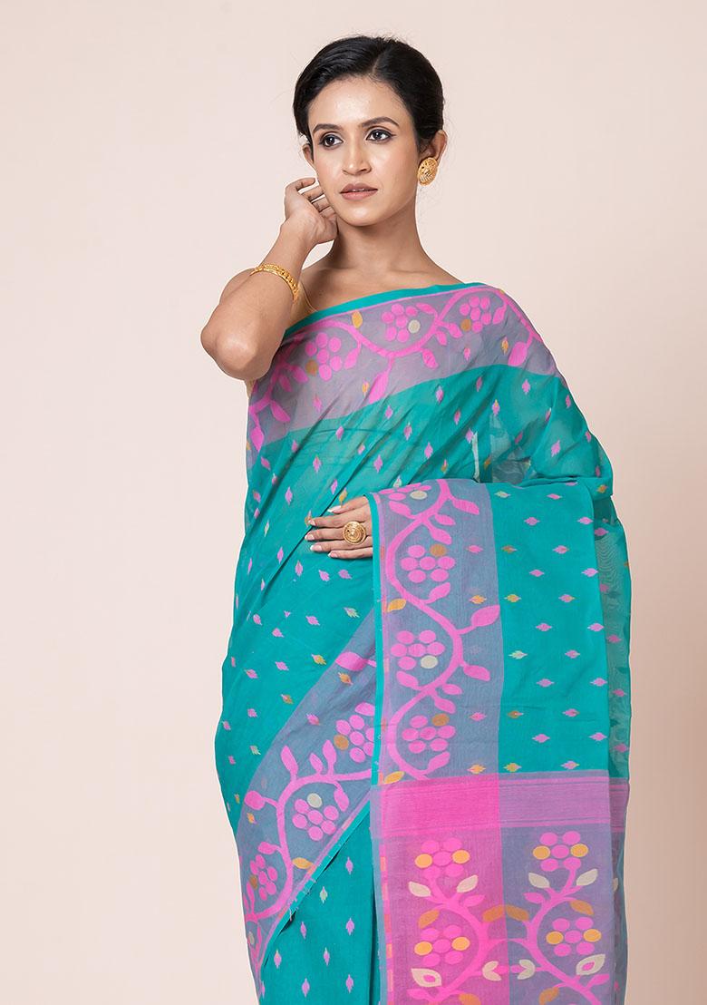 Sea Green Jamdani Cotton Saree (Without Blouse)
