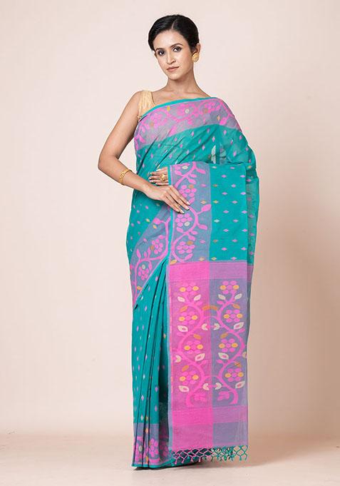 Sea Green Jamdani Cotton Saree (Without Blouse)
