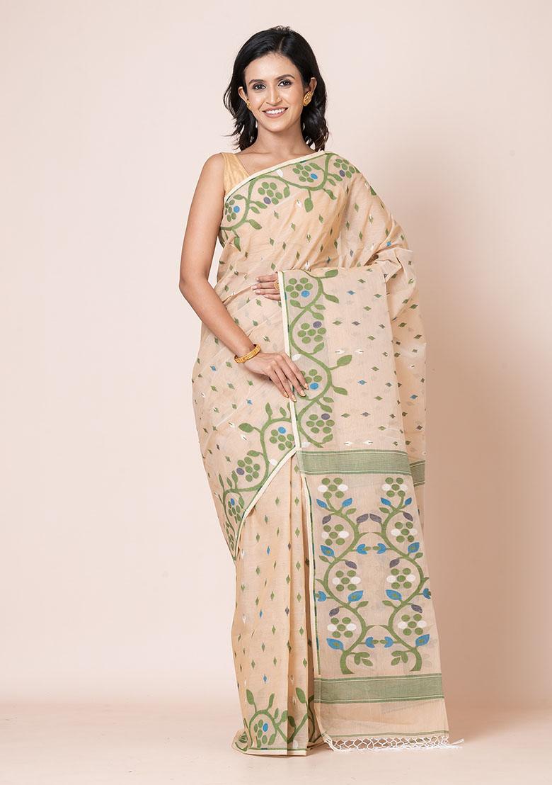 Beige Jamdani Cotton Saree (Without Blouse)