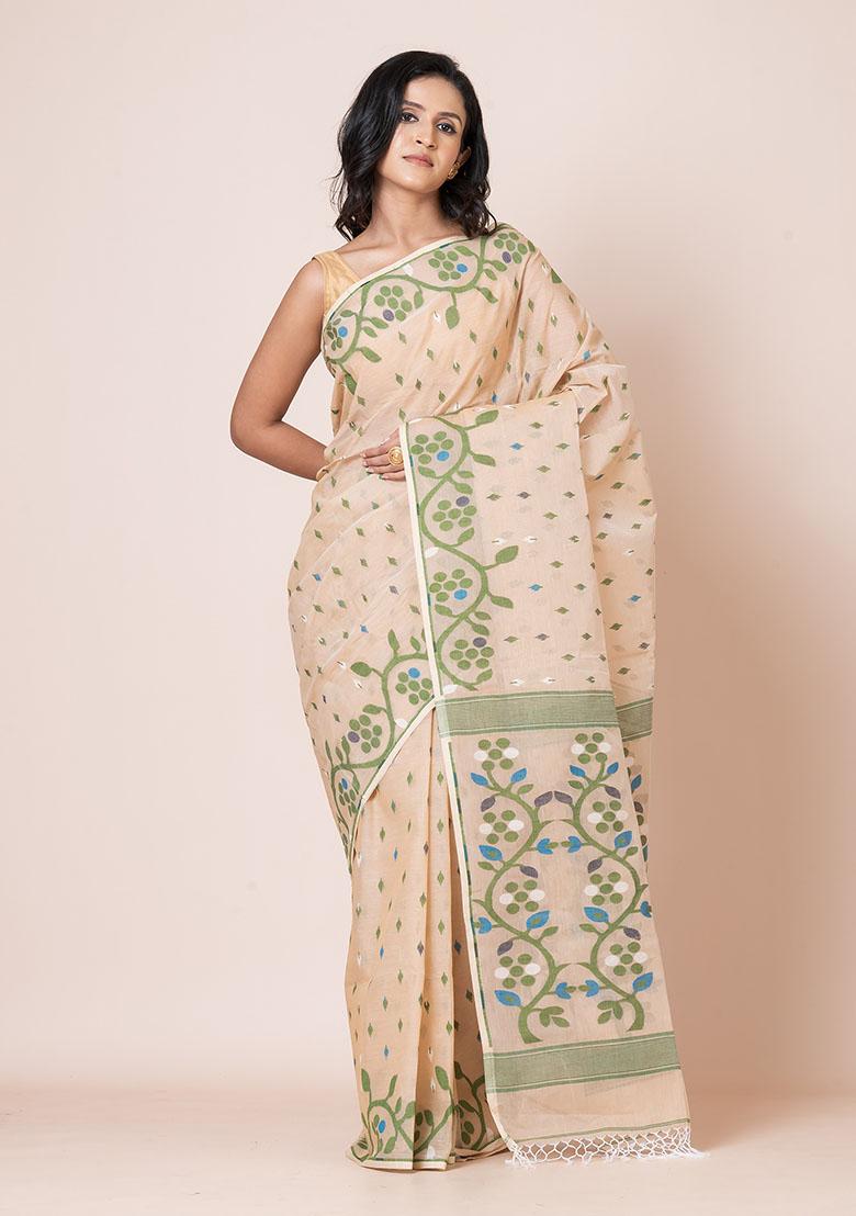Beige Jamdani Cotton Saree (Without Blouse)