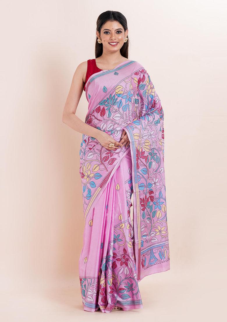 Pink Kantha Work Blended Silk Saree Set