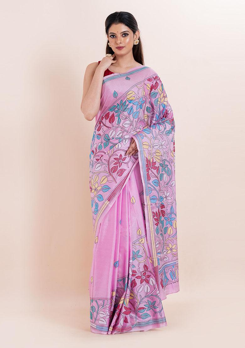 Pink Kantha Work Blended Silk Saree Set