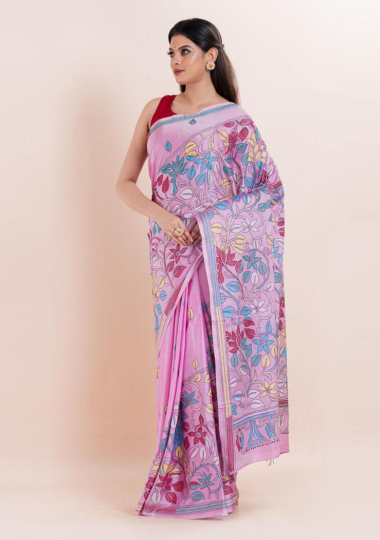 Pink Kantha Work Blended Silk Saree Set