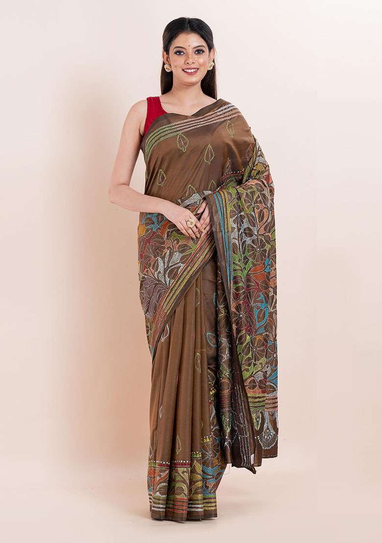 Coffee Brown Kantha Work Blended Silk Saree Set - Indya