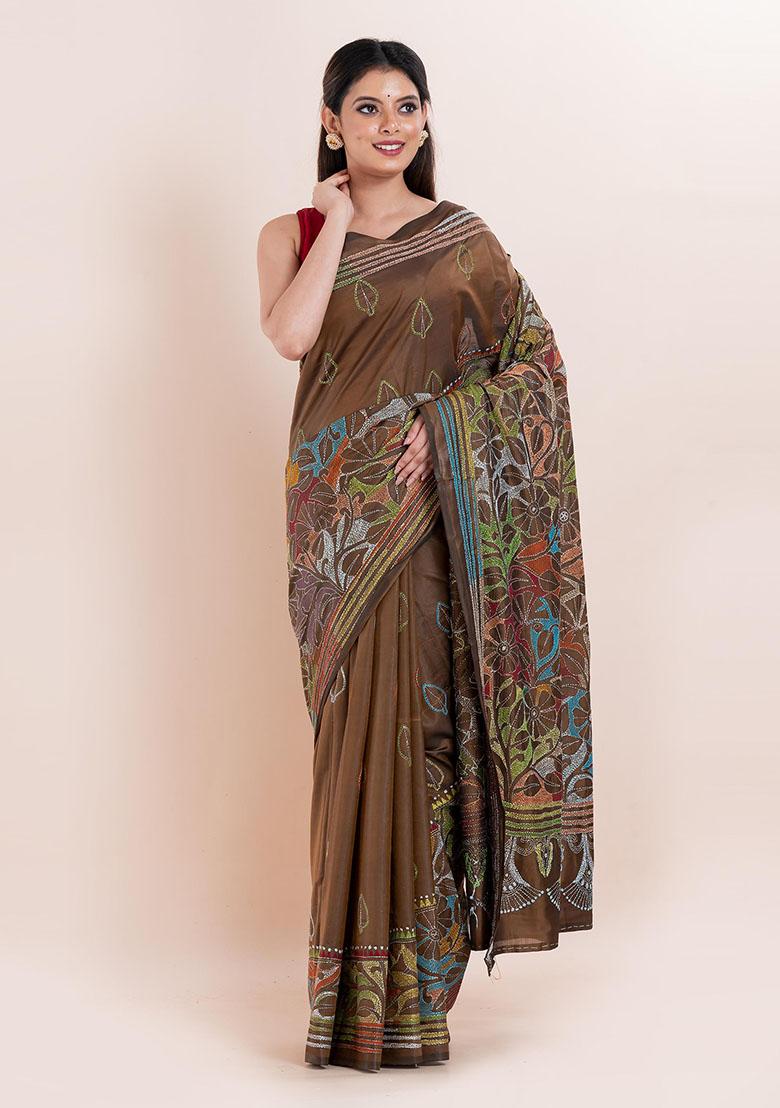 Coffee Brown Kantha Work Blended Silk Saree Set