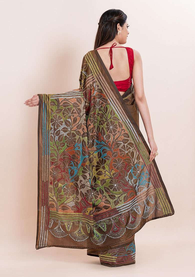 Coffee Brown Kantha Work Blended Silk Saree Set - Indya