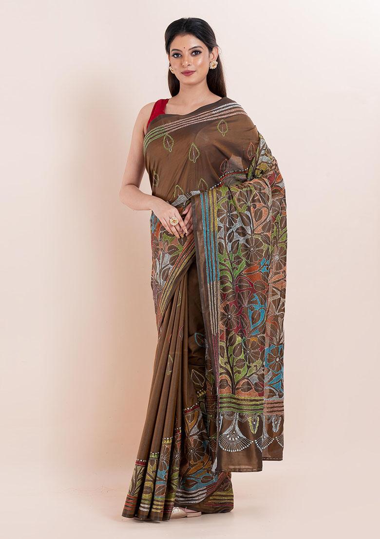 Coffee Brown Kantha Work Blended Silk Saree Set