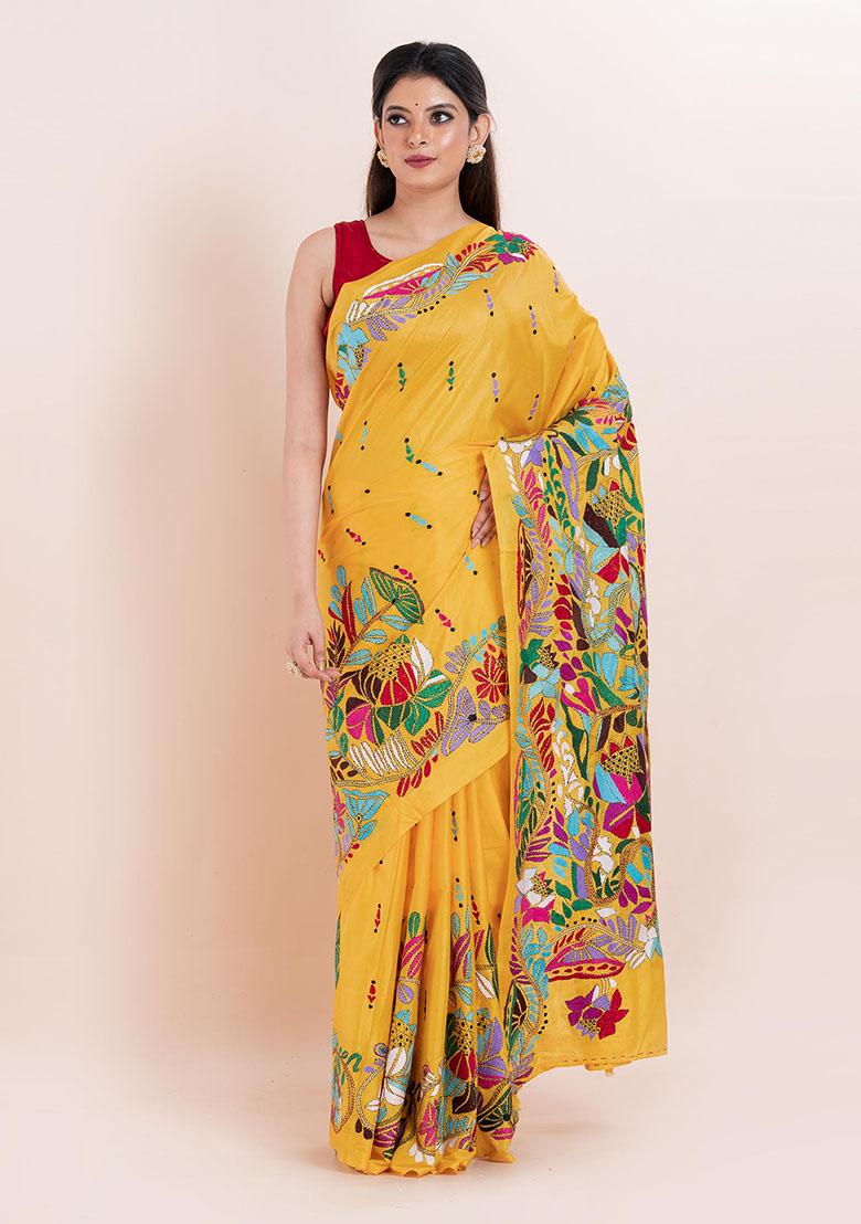 Yellow Kantha Work Blended Silk Saree Set