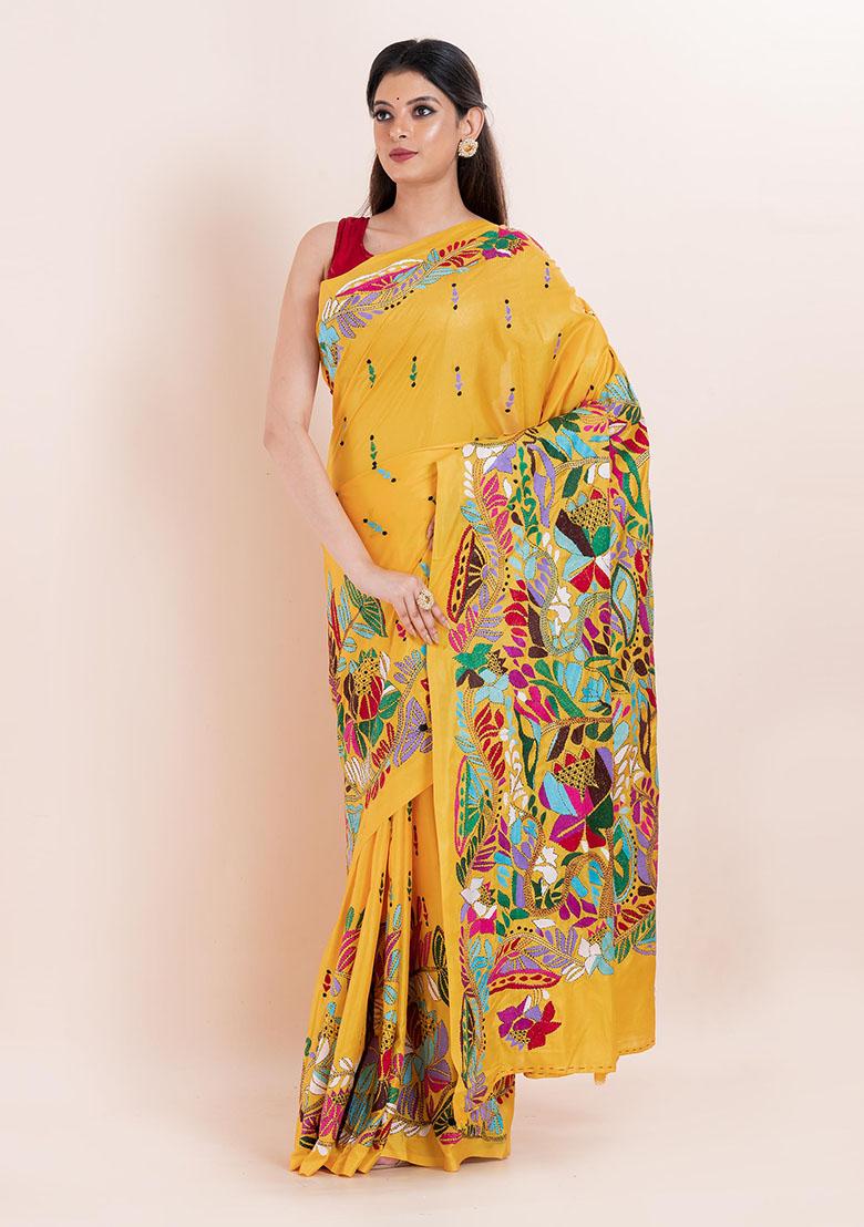 Yellow Kantha Work Blended Silk Saree Set