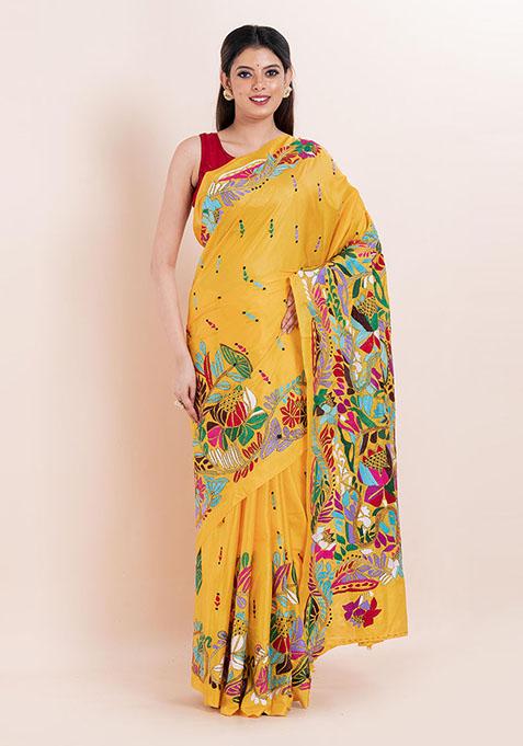 Yellow Kantha Work Blended Silk Saree Set