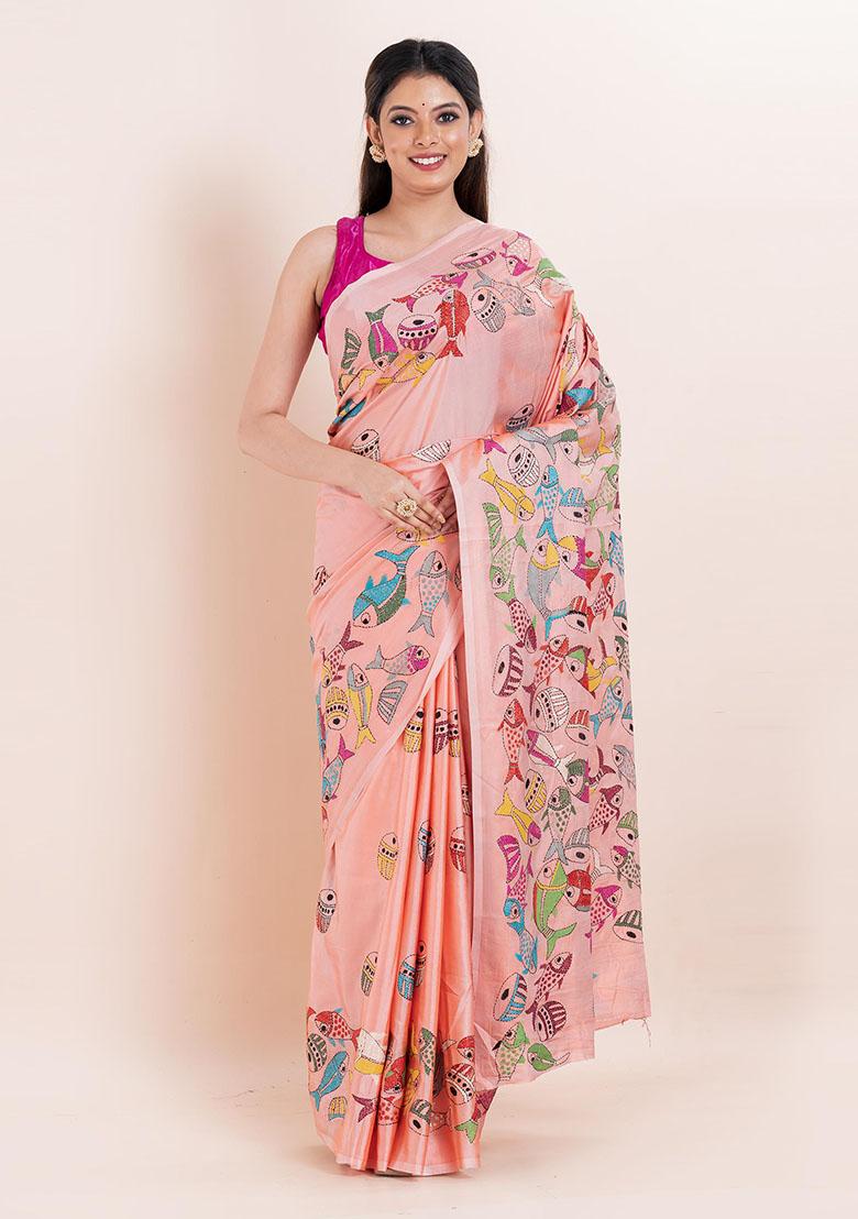 Peach Kantha Work Blended Silk Saree Set