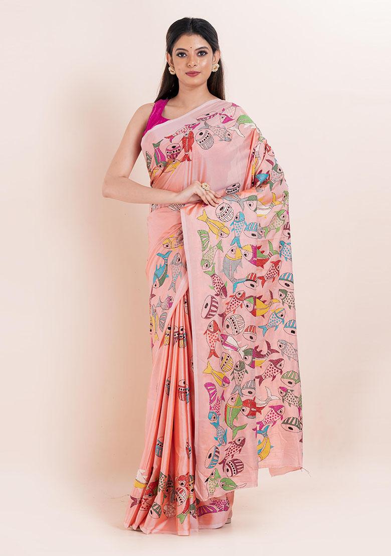 Peach Kantha Work Blended Silk Saree Set