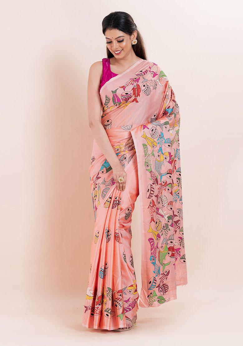 Peach Kantha Work Blended Silk Saree Set
