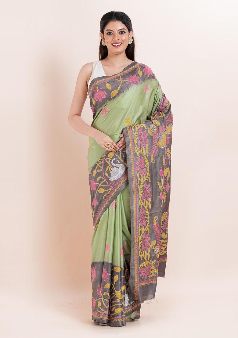 Green Kantha Work Blended Silk Saree Set