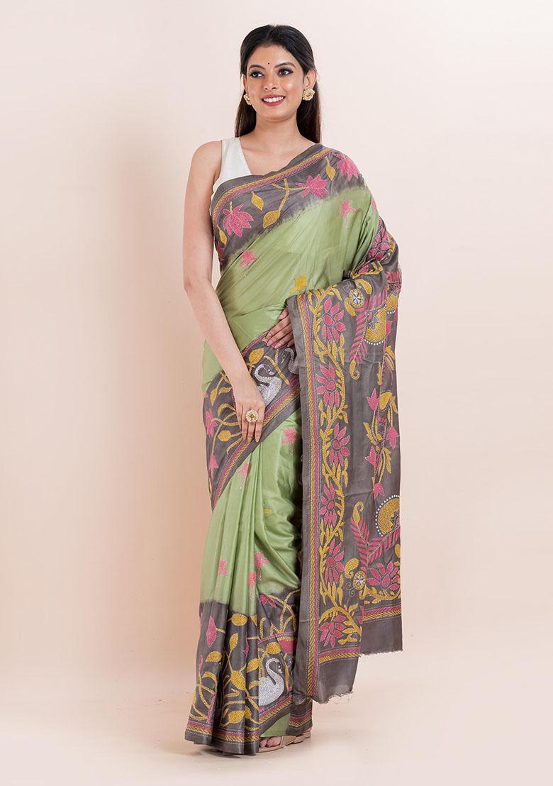 Green Kantha Work Blended Silk Saree Set