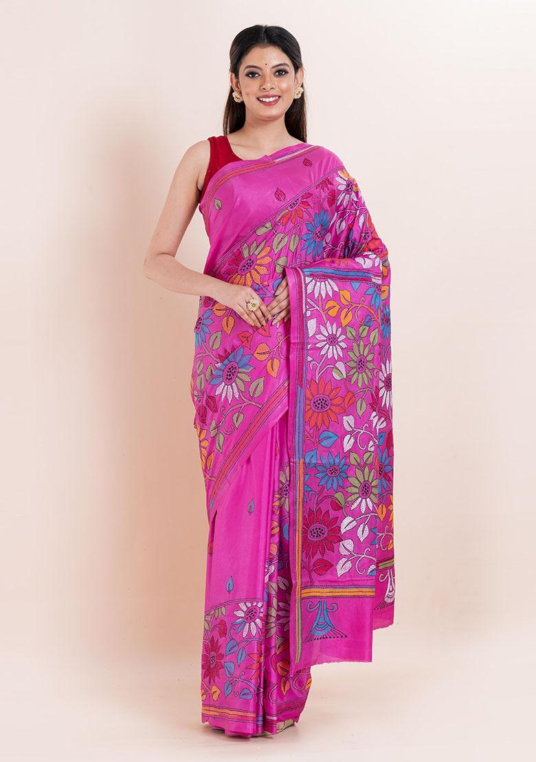 Pink Kantha Work Blended Silk Saree Set