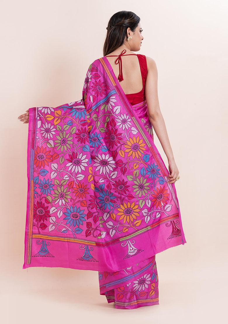 Pink Kantha Work Blended Silk Saree Set