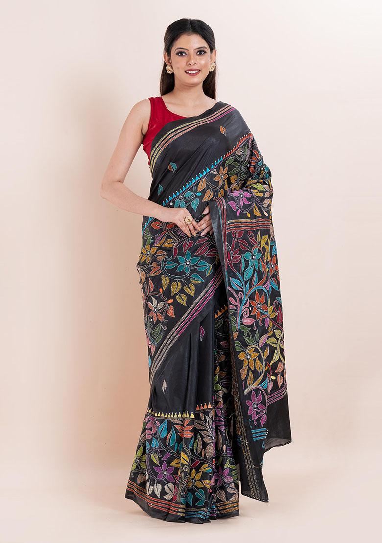 Black Kantha Work Blended Silk Saree Set